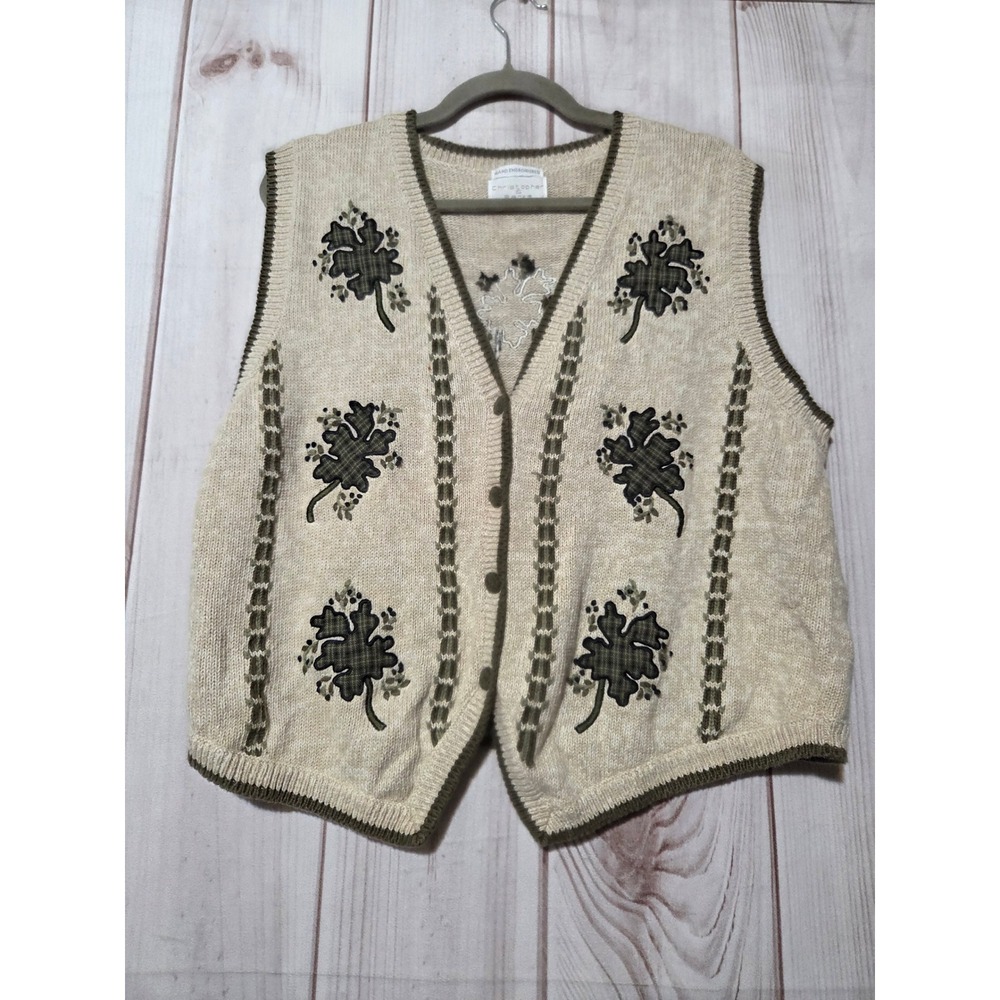 Christopher & Banks Womens Beige Hand Embroidered Clover Knit Button Front Vest